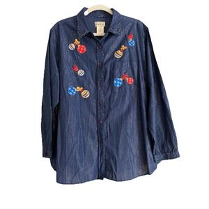Bobbie Brooks Blue Metallic  Ornaments Christmas Button Down Blouse Size 18W/20W